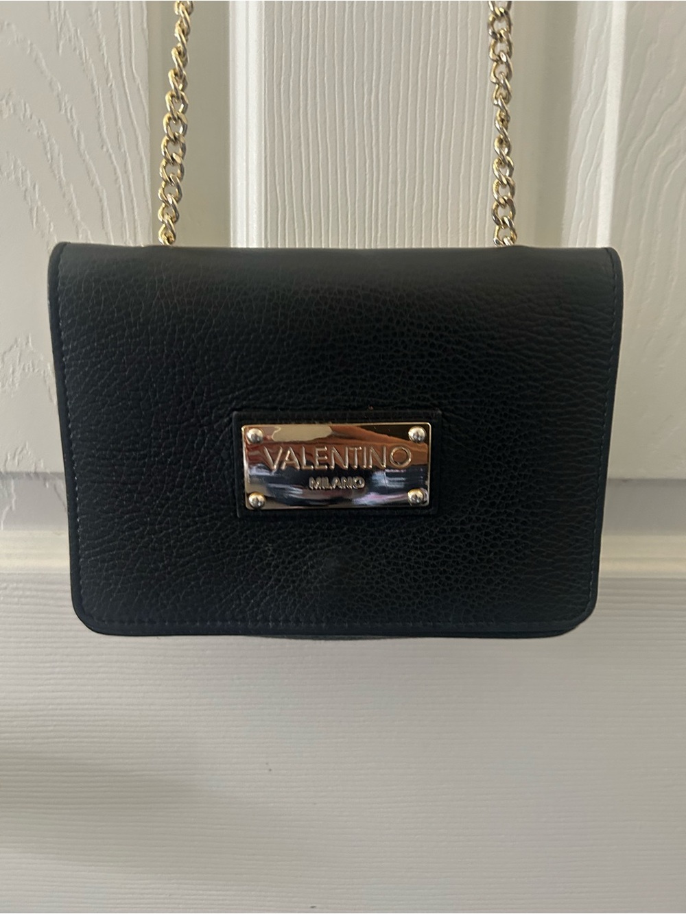 Valentino Black Leather Crossbody with Gold Plaque and Chain